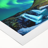 Art deco poster of a serene Iceland landscape in muted blue and gray tones on rolled canvas, suitable for dining room decor.