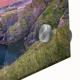 Large abstract wall art depicting a European Irish landscape in muted green and blue tones on acrylic glass.