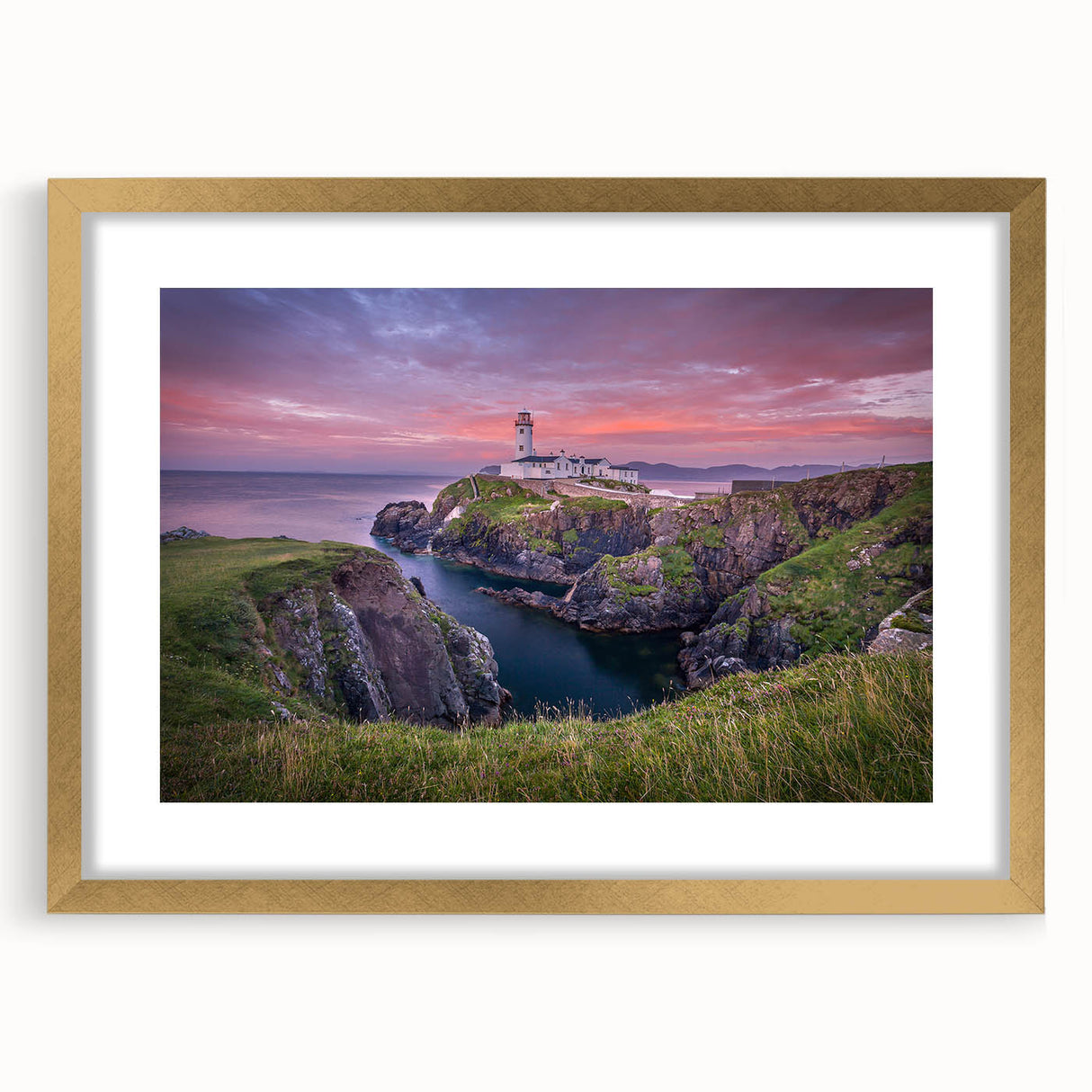 Abstract art print of a muted green and blue Irish landscape, framed in gold, ideal for dining room decor.