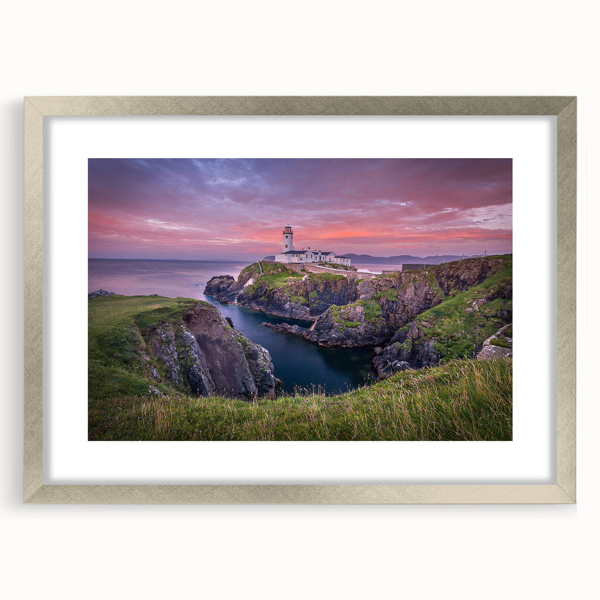 Extra large wall art depicting an abstract Irish landscape in textured green and blue tones, framed in silver.