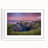 Textured art of an abstract Irish landscape in muted greens and blues on a framed white mat, suitable for bedroom decor.