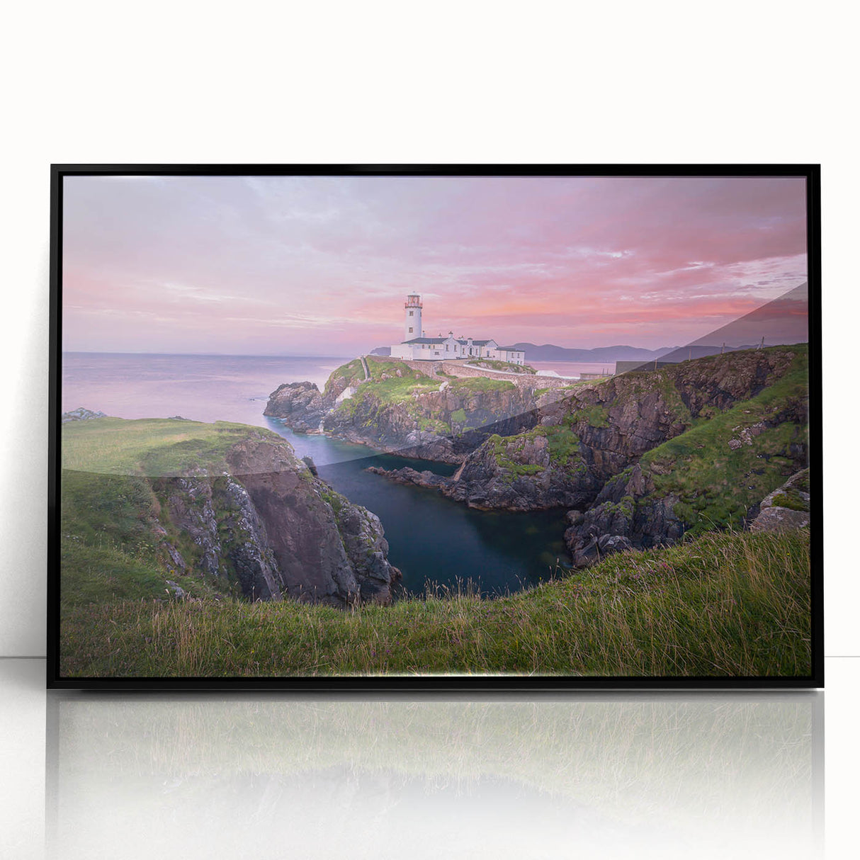Large abstract wall art featuring a stylized Irish landscape in muted green and blue tones on a framed acrylic.