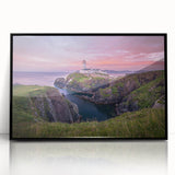 Large abstract wall art featuring a stylized Irish landscape in muted green and blue tones on a framed acrylic.