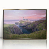Framed acrylic print of a European Irish landscape in muted green and gold tones, suitable as modern art wall decor.