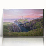 Large art print of a scenic Irish landscape in muted green tones, framed in silver acrylic.