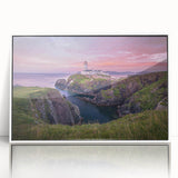 Mid-century modernist art depicting a serene Irish landscape in muted green and blue tones, framed acrylic print.