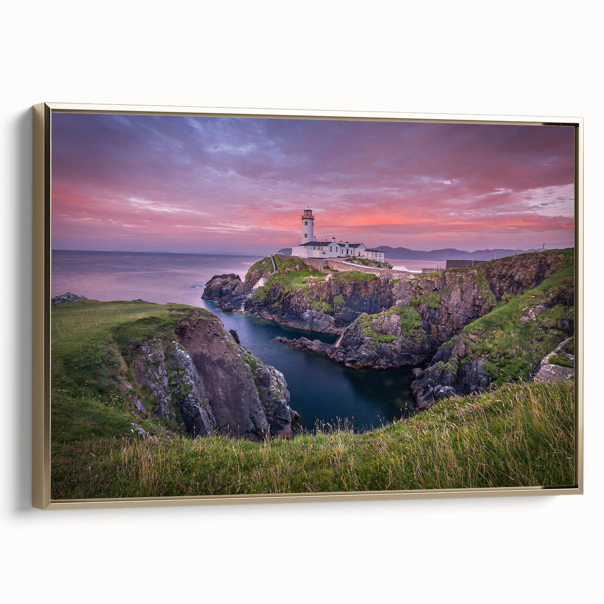Framed canvas featuring a vintage-style Irish landscape in muted greens and golds, ideal for bedroom wall art.