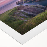 Art Deco poster of a scenic Irish landscape, featuring muted green and blue tones on rolled canvas.