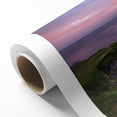 Art Deco poster of a scenic Irish landscape in muted green and blue tones on rolled canvas, ideal for nursery wall art.