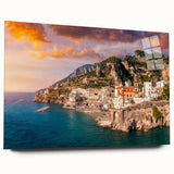 Acrylic print of the Amalfi Coast in Italy featuring vivid blue and white tones, ideal for bedroom or dining room art.