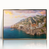 Acrylic print of Amalfi Coast with vibrant blue and terracotta hues, framed in gold, suitable for modern art wall decor.