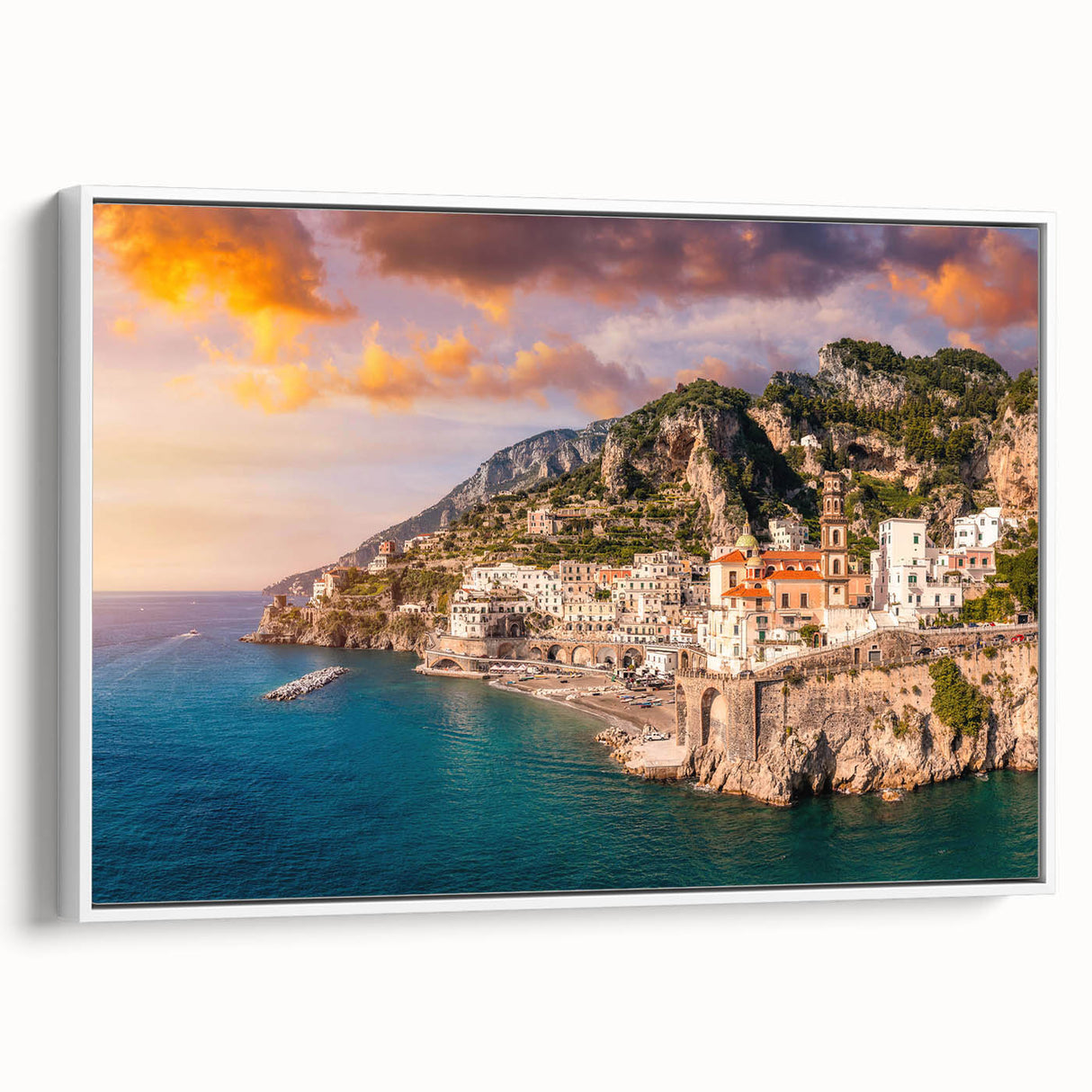 Vintage poster art of Amalfi Coast in vibrant colors on extra large framed canvas, ideal for living room decor.