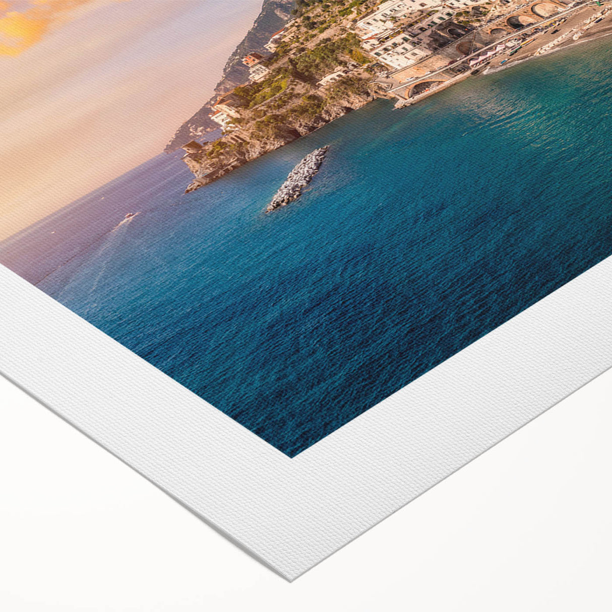 Art Deco poster of the Amalfi Coast in pastel shades on rolled canvas, suitable for dining room wall art.