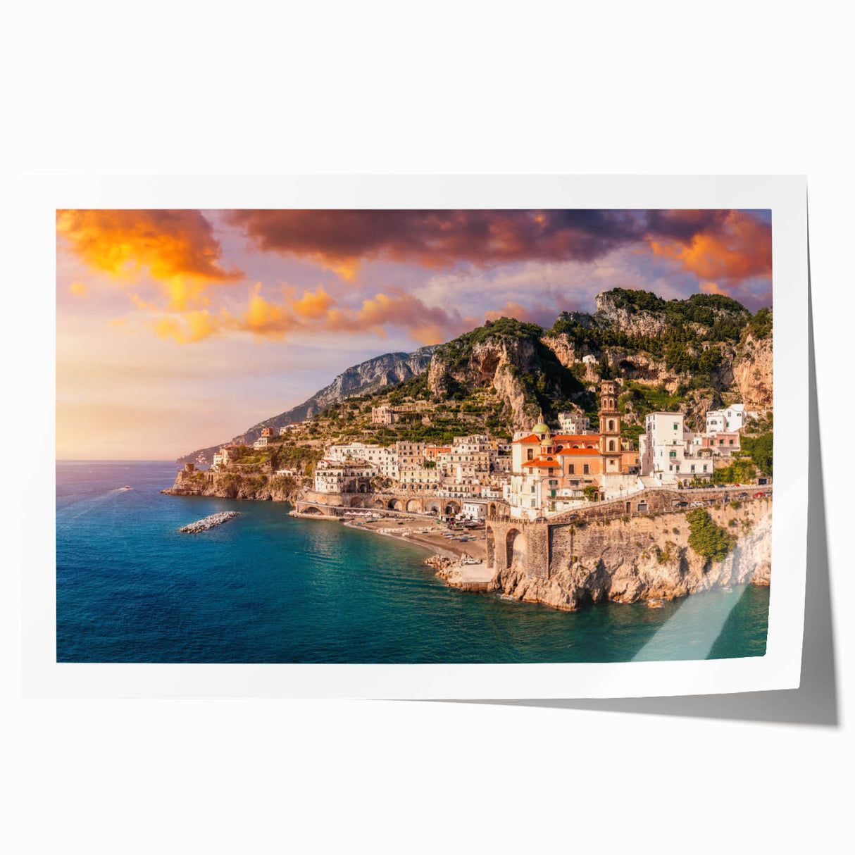 Rolled print of the Amalfi Coast in pastel hues, ideal for art wall dining room placement.