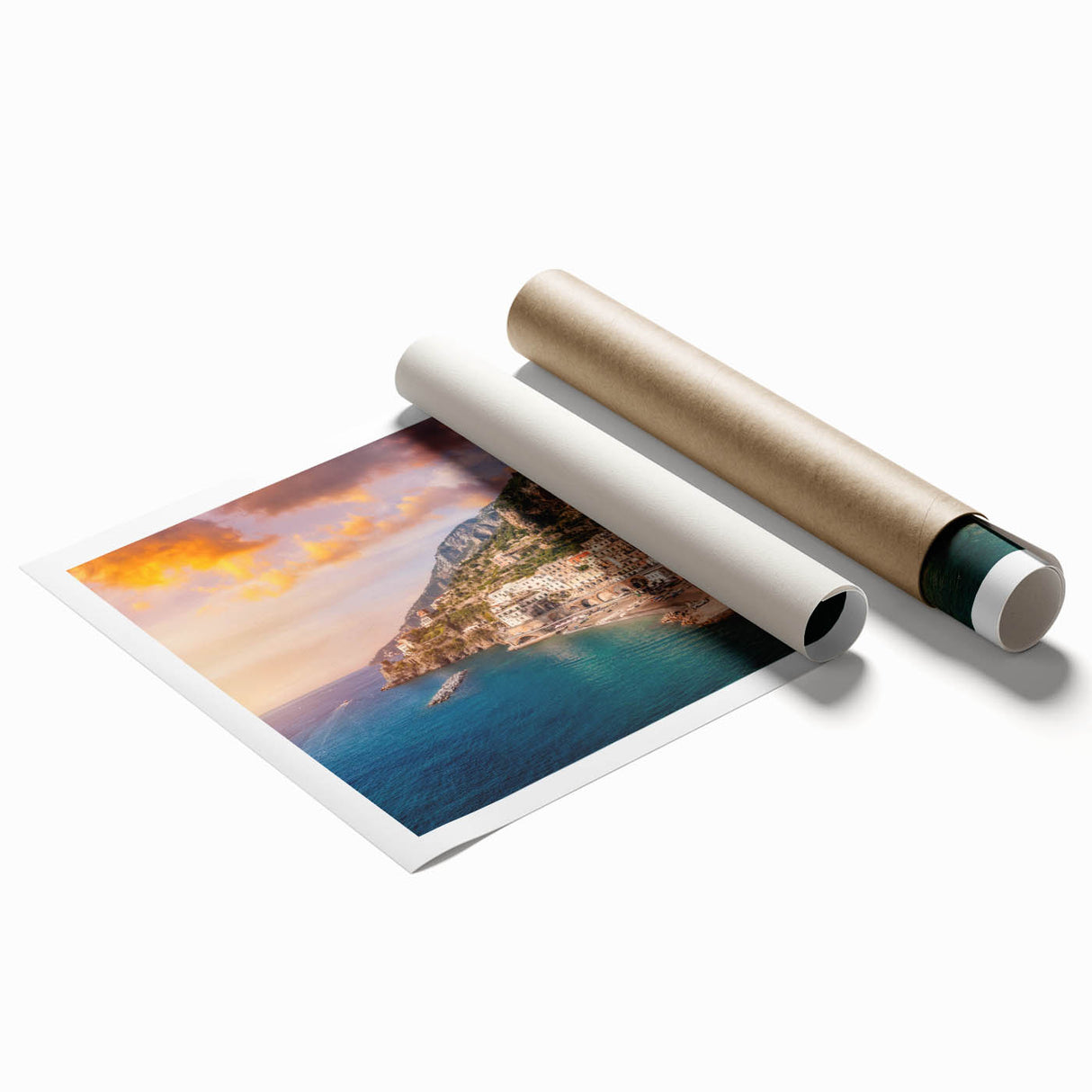Extra large rolled print of the Amalfi Coast with vibrant blue and white hues, ideal for classy bathroom wall art.