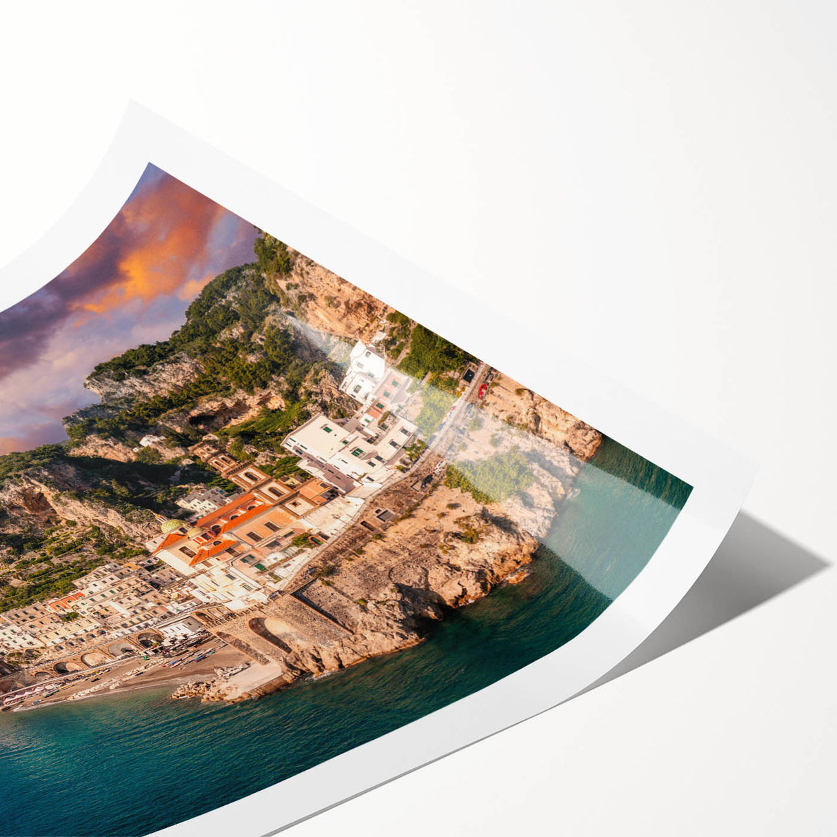 Extra large rolled print of the Amalfi Coast with line art flowers in soft pastel shades.