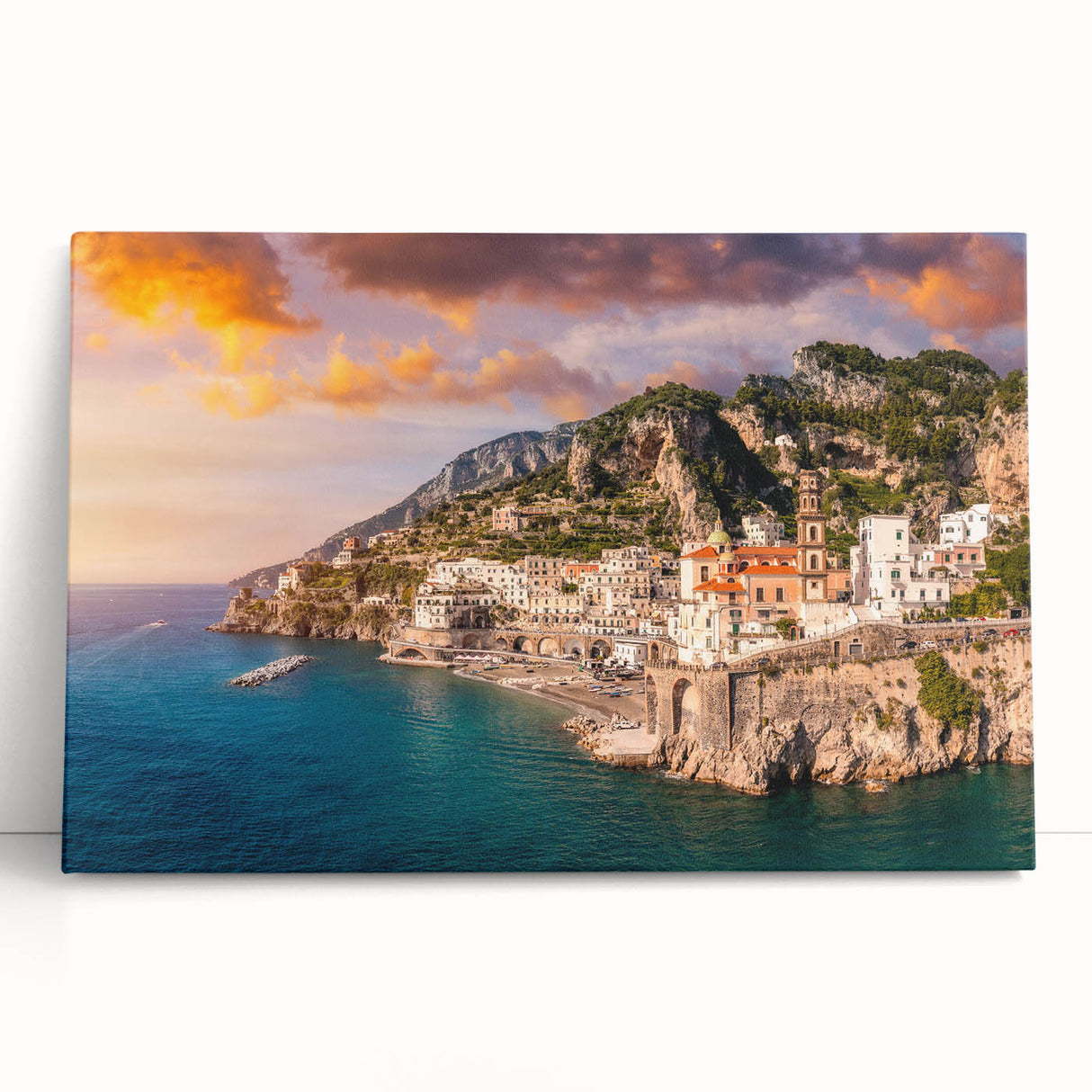 Black and white stretched canvas of Amalfi Coast, ideal for kitchen wall art.