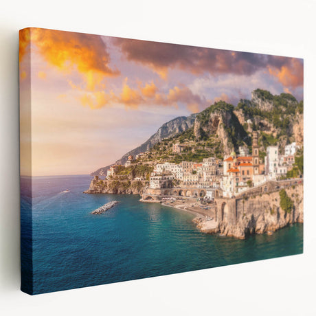 Amalfi Coast landscape on stretched canvas, featuring vivid blue and white tones, ideal for kitchen wall art.