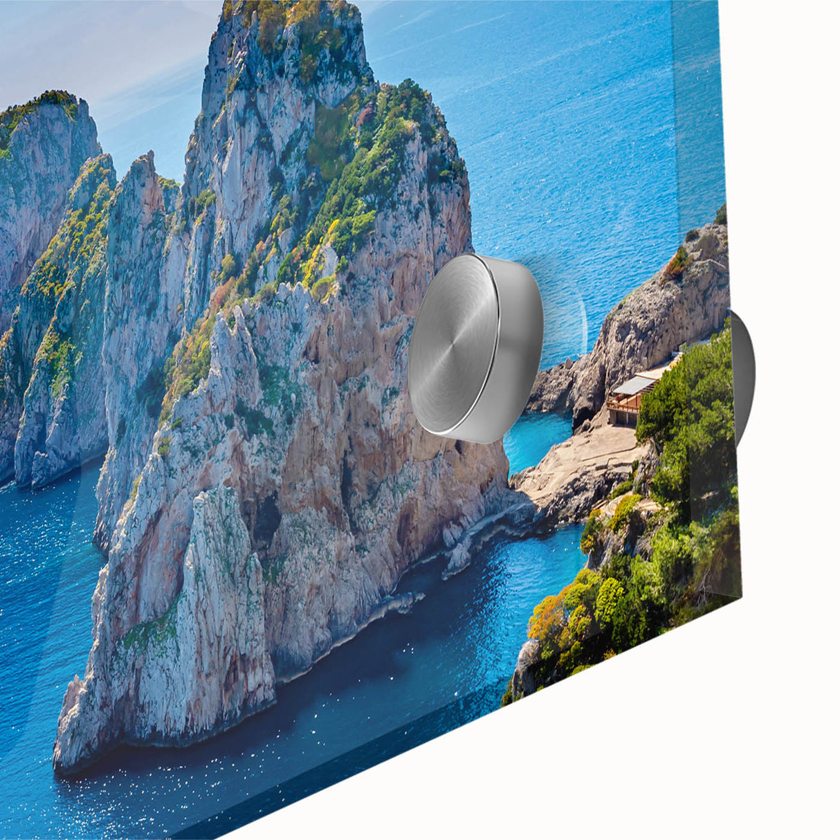 Large abstract wall art of Capri, Italy in muted blue and green tones on acrylic glass, suitable for dining room decor.