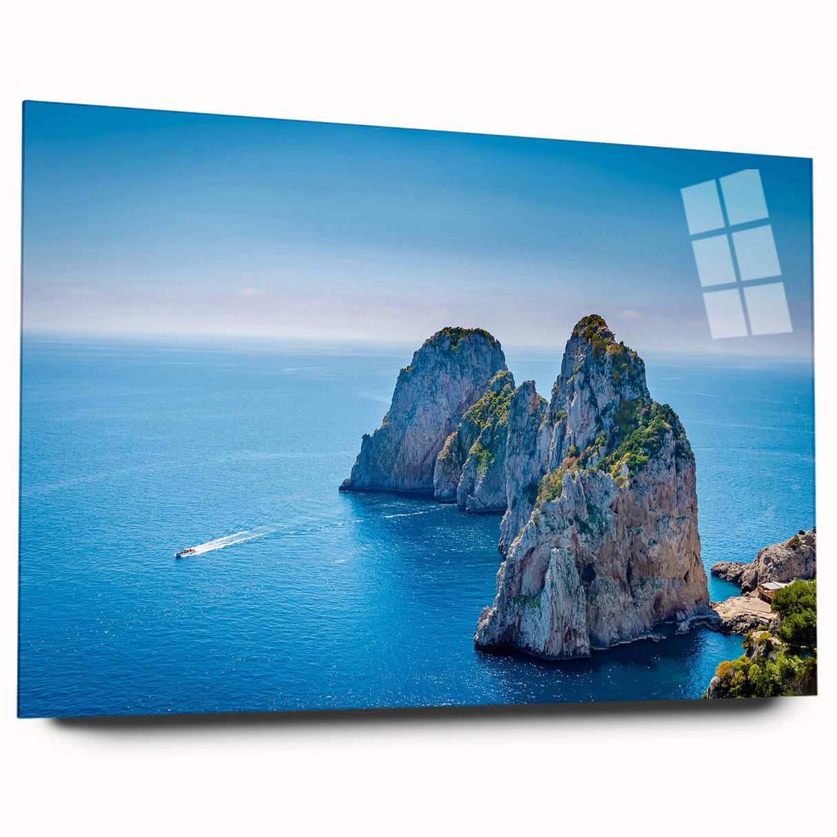 Acrylic print of Capri, Italy landscape in vibrant blues and greens, ideal for bedroom or dining room art.