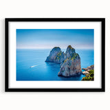 Colorful abstract art print of a European scenic view in vibrant hues, framed in black, ideal for living room decor.
