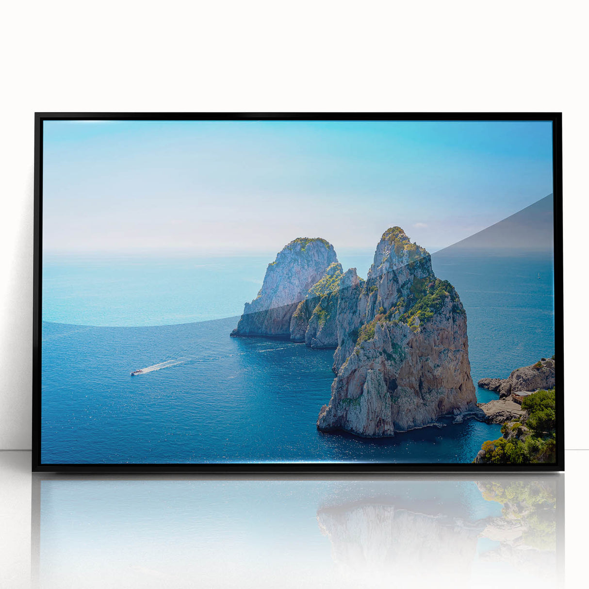 Large abstract wall art depicting a European scenery in Capri, Italy, using muted earth tones on a framed acrylic.