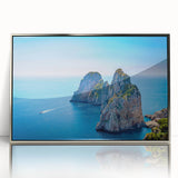 Large art print of Capri scenery in muted blue and green hues on silver-framed acrylic, ideal for modern art wall decor.