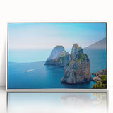 Mid-century modernist art depicting the Capri coastline in muted blue and white tones on a framed acrylic.