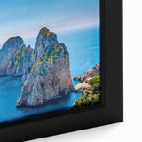 Extra large black wall art featuring a textured view of Capri, Italy in vibrant colors on framed canvas.