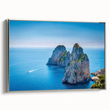 Framed canvas featuring a vintage-style landscape of Capri, Italy, with vibrant colorful art on a black background.