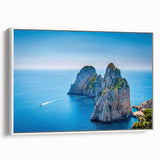 Vintage poster art of Capri, Italy in colorful hues on extra large framed canvas, ideal for living room decor.