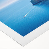 Art deco poster of Capri, Italy, in muted blue and white tones on rolled canvas, suitable for dining room wall art.