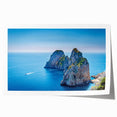 Extra large wall art depicting a scenic Capri landscape with vibrant green and blue tones on a rolled canvas.
