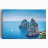 Black and white stretched canvas depicting the Capri shoreline, ideal for kitchen wall art or bedroom ambiance.