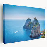 Large canvas print of Capri, Italy scenery in vibrant blue and green tones, suitable for kitchen wall art.
