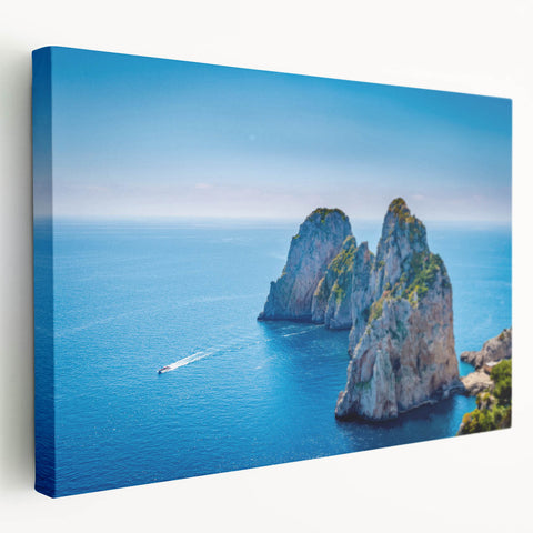Large canvas print of Capri, Italy scenery in vibrant blue and green tones, suitable for kitchen wall art.