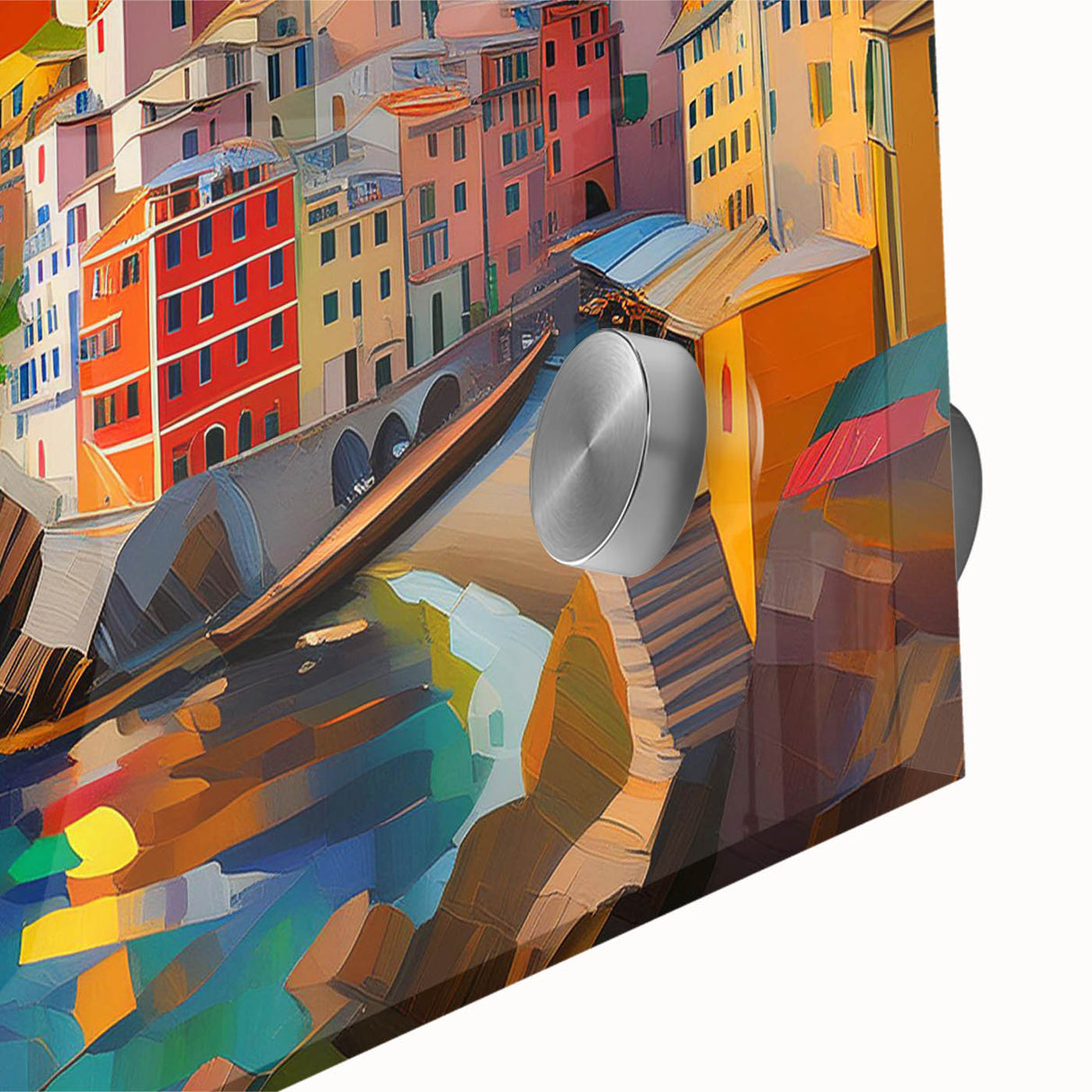 Acrylic glass print of Cinque Terre with vibrant colors in mid-century modernist style, ideal for dining room art.