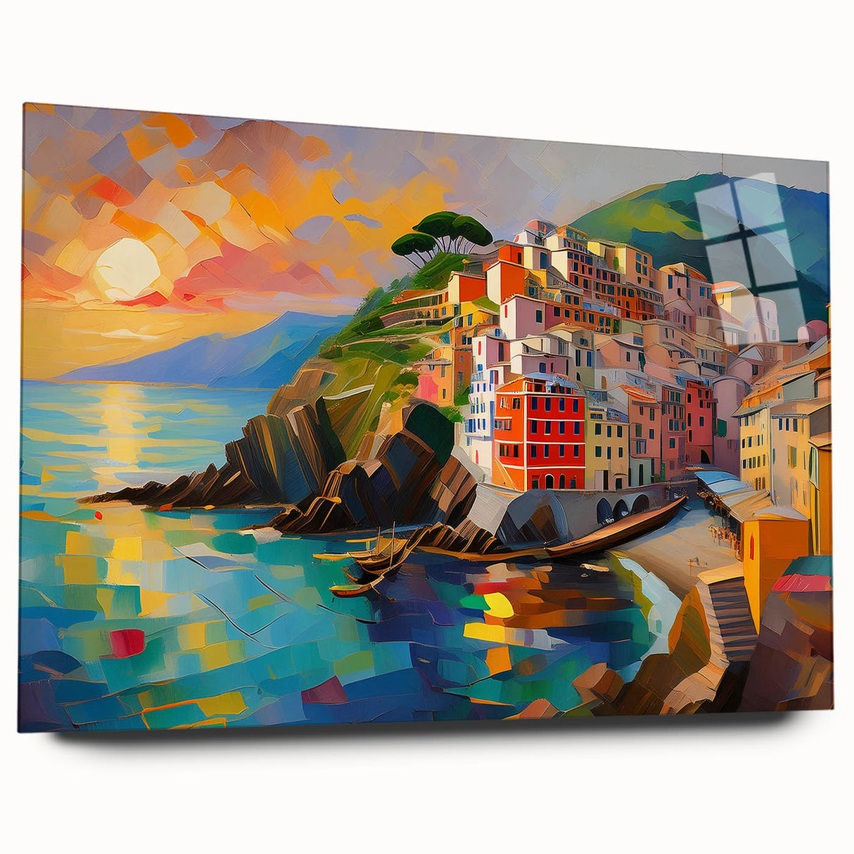 Acrylic print of Cinque Terre with vibrant coastal colors, ideal for bedroom or dining room art.
