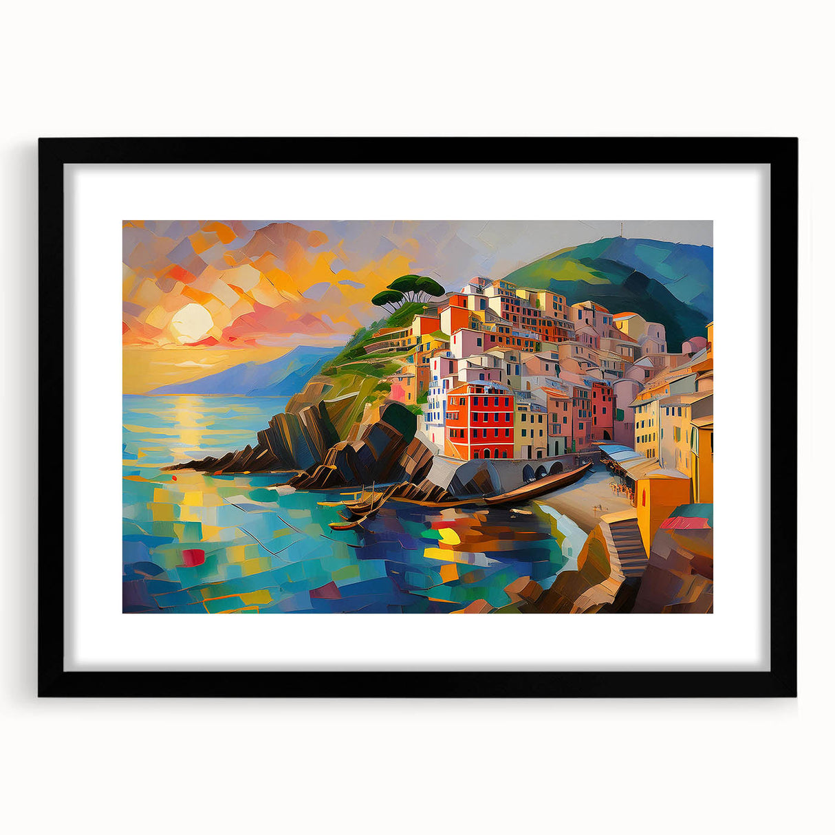 Extra large framed wall art depicting an abstract, colorful Cinque Terre scenery on canvas, ideal for living room decor.