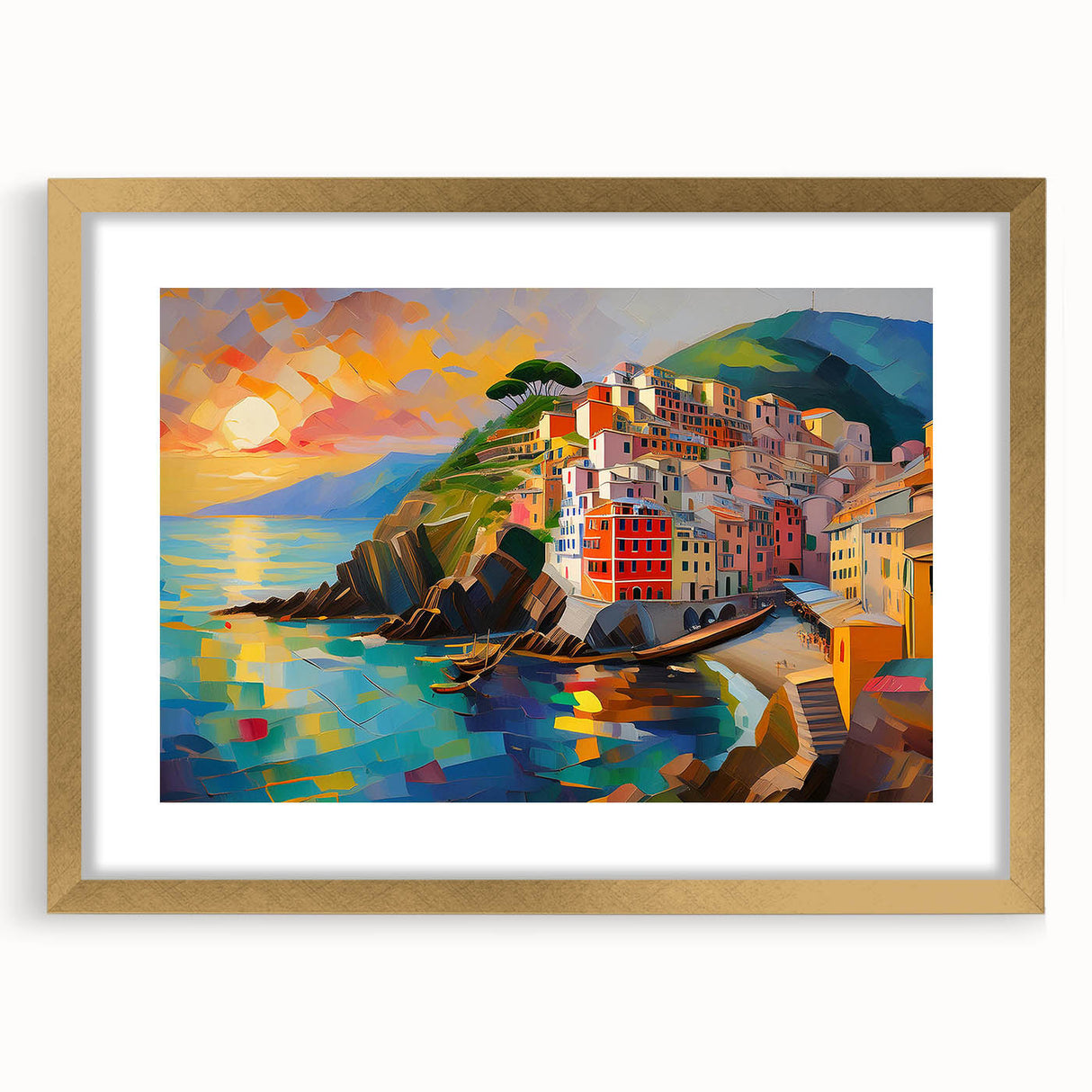 Abstract art print of Cinque Terre with vibrant blue and green tones on a framed gold mat, ideal for dining room decor.