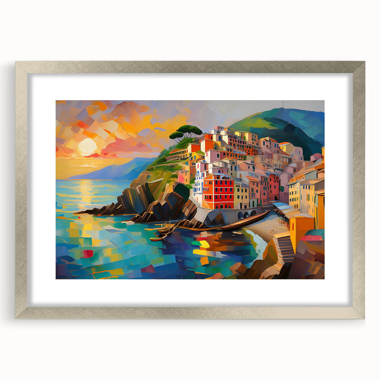 Extra large wall art depicting a textured Cinque Terre scenery in muted colors, framed in silver.
