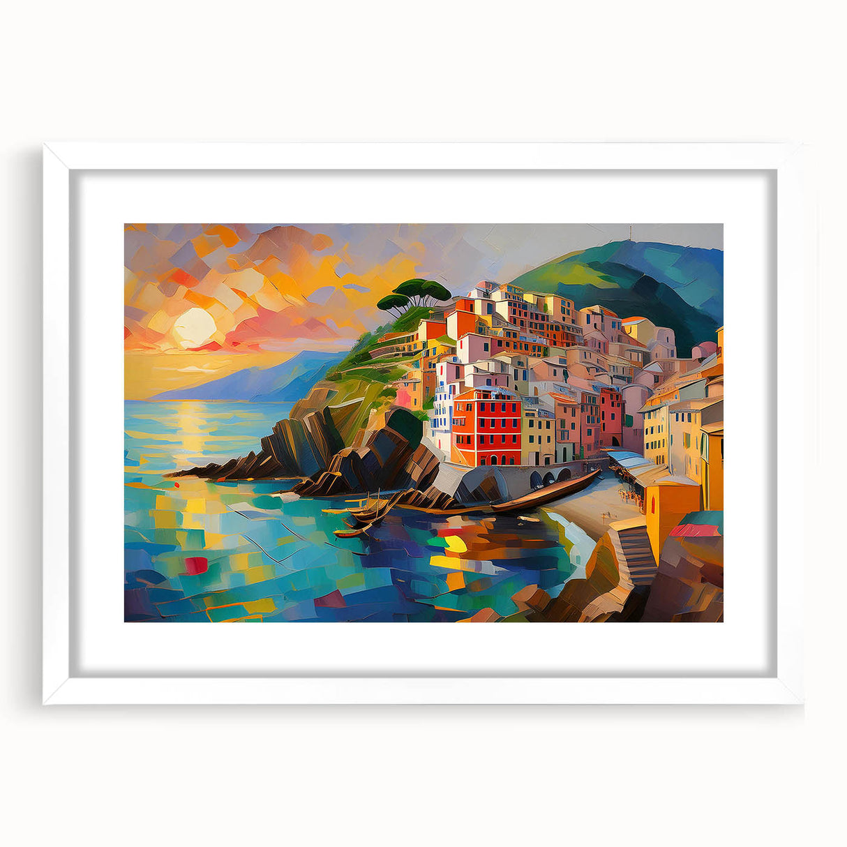 Textured art print of Cinque Terre in muted pastel shades on a framed white mat, ideal for bedroom decor.
