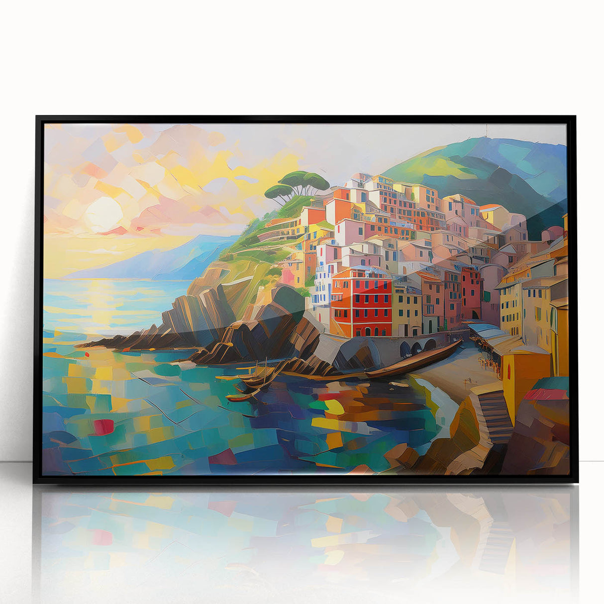 Framed acrylic print of large abstract wall art depicting Cinque Terre with vibrant coastal colors.