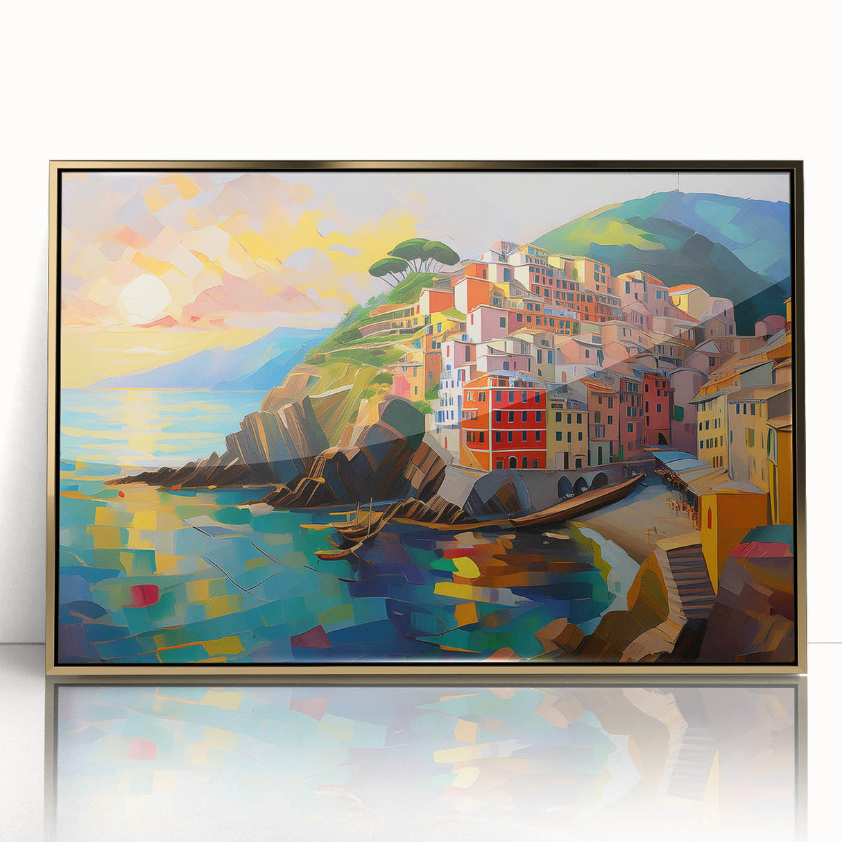 Framed acrylic print of Cinque Terre with vivid coastal colors, ideal for modern art wall decor.