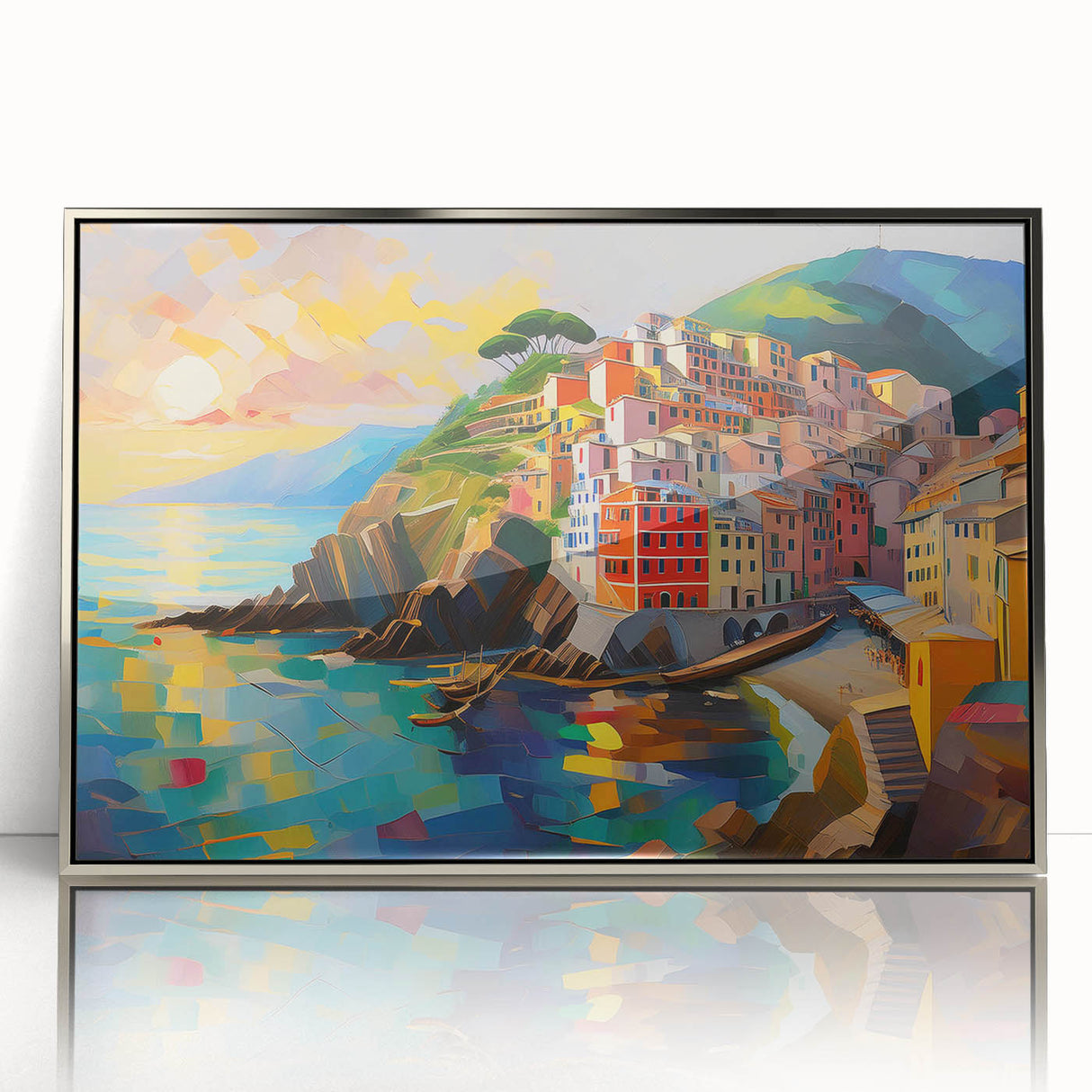 Framed acrylic print of Cinque Terre with vivid coastal colors, ideal for modern art wall decor.