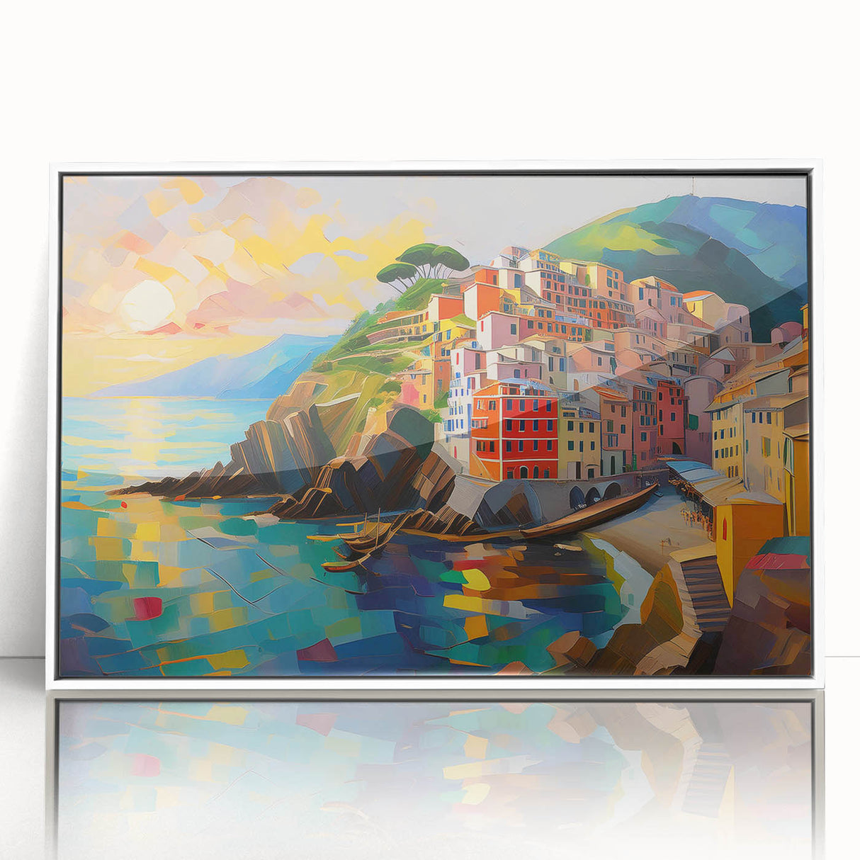 Mid-century modernist art of Cinque Terre with vibrant coastal colors on a framed acrylic, ideal for modern art wall decor.