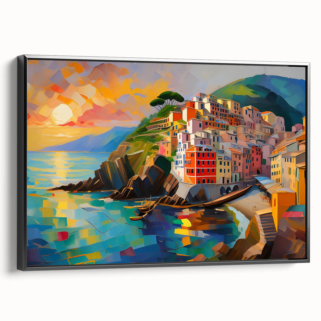 Black and white framed canvas of Cinque Terre landscape, in vintage poster style, ideal for bedroom wall art.