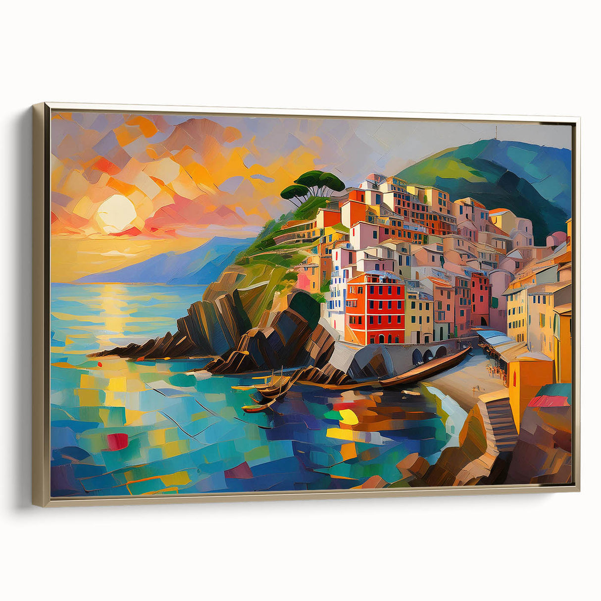 Framed canvas of Cinque Terre landscape in vintage poster style, featuring muted earth tones, ideal for bedroom wall art.