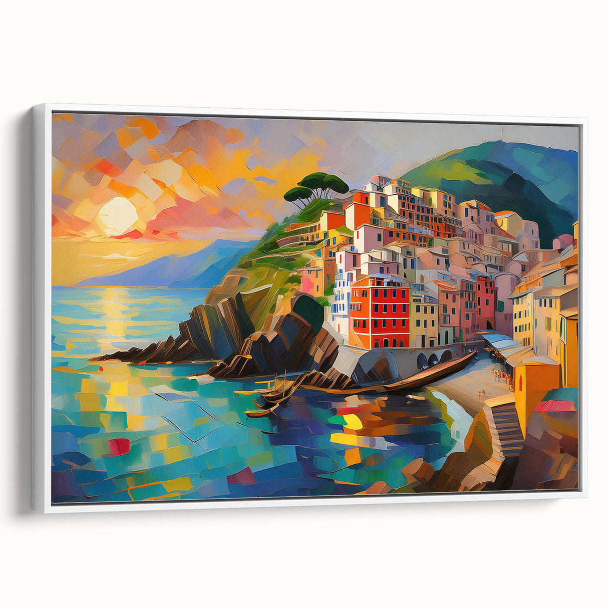 Vintage poster art of Cinque Terre with vibrant colors on a framed canvas, ideal for living room decor.
