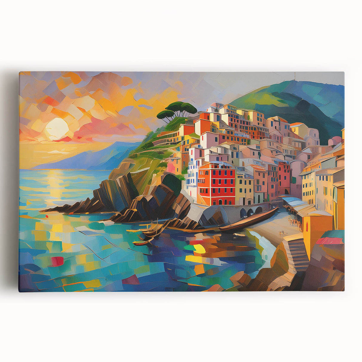 Black and white stretched canvas of Cinque Terre landscape, ideal for kitchen wall art.